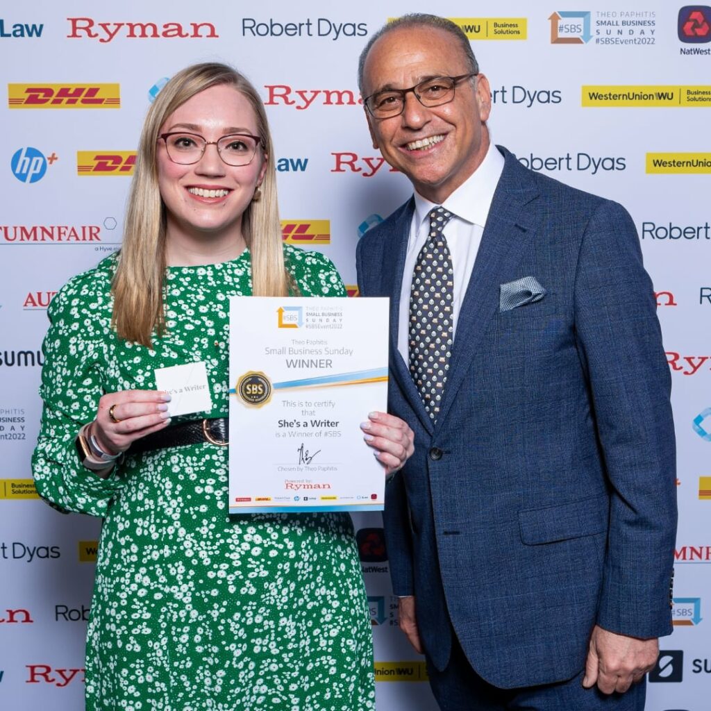 Sarah Mullaney receiving Small Business Sunday certificate from Theo Paphitis